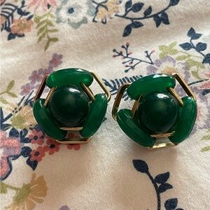West Germany Vintage Green and Gold Clip On Earrings